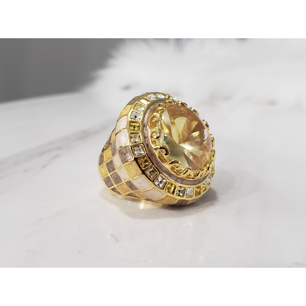 Lauren G Adams Goldtone Checkerboard Enamel Cocktail amber maximalist whimsical
